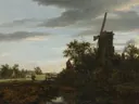 Landscape with a Windmill van Jacob van Ruisdael: landschap met molen, bomen, weiland en pad, in gedempt groen en grijs