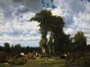 Landscape with Cattle at Limousin van Jules Dupré: landschap met koeien, bomen, weide en wolken, in groen en wolkenwit