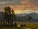 Landscape with Cattle van Albert Bierstadt: landschap met koeien, bomen, zonsondergang en bergen, in warm oranje en groen