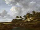 Landscape with Cornfields van Jacob van Ruisdael: landschap met duinen, water, wolken en bomen, in helder blauw en beige