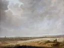 Landscape with Cornfields van Salomon van Ruysdael: landschap met korenveld, vlakte, wolken en weids, in gedempt beige en grijs