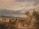 Landscape with Cottage van James Ward: landschap met huisje, zandweg, bomen en vee, in zacht roze en bruin