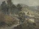 Landscape with Cottages and Figures van James Ward: landschap met huisje, heuvels, bomen en boeren, in gedempt grijsgroen