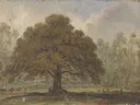 Landscape with Deer under 'The Beggar's Oak', Dagot's Park... van James Ward: landschap met eik, boom, weide en herten, in vergrijsd groen en oker
