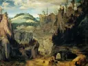 Landscape with Herdsmen van Cornelis van Dalem: landschap met rotsen, herders, grot en bergen, in bruingeel en groen