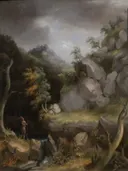 Landscape with Indian by , Crystal Bridges Museum van Thomas Cole: landschap met rotsen, bomen, wildernis en storm, in donker grijsgroen