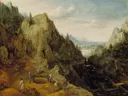 Landscape with Ironworks van Lucas van Valckenborch: landschap met rotsen, bergen, bomen en figuren, in bruin en groen