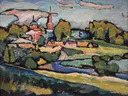 Landscape with Red Church , GAC van Wassily Kandinsky: landschap met dorp, kerk, bomen en heuvels, in bont groen en blauw