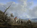 Landscape with Riders, Hunters and Peasants van Johannes Lingelbach: landschap met ruiters, paarden, boeren en wolken, in helder blauw en beige