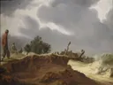 Landscape with Sandy Road van Salomon van Ruysdael: landschap met zandweg, duin, wolken en reiziger, in gedempt bruin en grijs