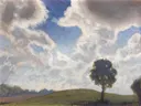 Landscape with silhouetted tree van George Clausen: landschap met boom, wolken, heuvel en weiland, in helder blauw en groen