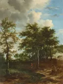 Landscape with Tall Trees van Jacob van Ruisdael: landschap met hoge bomen, bos, pad en figuren, in donkergroen en blauw