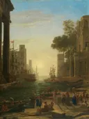Landscape with the Embarkation of Saint Paula Romana at Ostia van Claude Lorrain: stad met haven, gebouwen, schepen en zonsondergang, in warm goudgeel en blauw