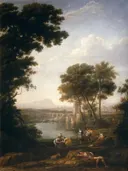 Landscape with the Finding of Moses van Claude Lorrain: landschap met bomen, rivier, figuren en vergezicht, in warm groen en beige
