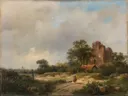 Landscape with the Ruins of Brederode Castle in Santpoort van Andreas Schelfhout: landschap met ruine, bomen, wolken en zandpad, in gedempt groen met blauw