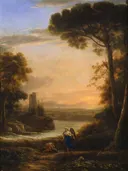 Landscape with Tobias and the Angel van Claude Lorrain: landschap met bomen, rivier, avondlicht en figuren, in warm goudgeel en groen
