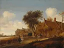 Landscape with Travellers before an Inn van Salomon van Ruysdael: landschap met herberg, reizigers, kar en bomen, in warm okerbruin