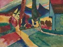 Landscape with Two Poplars van Wassily Kandinsky: landschap met bomen, populieren, heuvels en kleurvlakken, in rood, blauw en groen