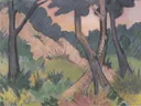 Landschaft III ca1924 van Otto Mueller: landschap met bomen, bos, struiken en takken, in roze met groen