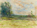 Landschaft mit Bauernhaus van Alfred Sisley: landschap met weiland, water, bomen en wolken, in licht groen en blauw