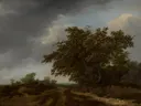 Landschap aan de duinrand van Jan Vermeer van Haarlem the Elder: landschap met duinen, bomen, wolken en zandpad, in gedempt bruin en grijs