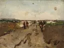 Landschap bij Waalsdorp met soldaten op manoeuvre van George Hendrik Breitner: landschap met duinen, soldaten, zand en heide, in gedempt zandbruin