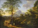 Landschap met boeren en een kudde van Willem de Heusch: landschap met bomen, kudde, boeren en bergen, in groen, bruin en blauw