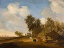 Landschap met boerenhofstede van Salomon van Ruysdael: landschap met boerderij, bomen, vee en zandweg, in warm bruin en groen