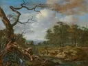 Landschap met bosrand van Jan Wijnants: landschap met bomen, dode boom, zandpad en wolken, in gedempt bruin met blauw
