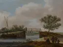 Landschap met brug, bekend als 'Het bruggetje van Jan van Goyen: landschap met brug, water, boom en figuren, in gedempt grijsgroen