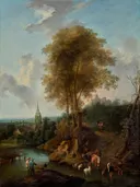Landschap met een doorwaadbare plek in een beek met herders en vee van Christian Hilfgott Brand: landschap