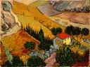 Landschap met een huis en een ploeger in vogelvlucht gezien van Vincent van Gogh: landschap met dal, huizen en akker