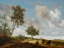 Landschap met een jachtgezelschap van Salomon van Ruysdael: landschap met jachtgezelschap, bomen, zandweg en ruiters, in warm okergroen met blauw