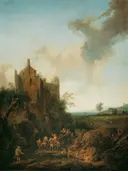 Landschap met een kasteelruïne nabij een doorwaadbare plek in een beek van Christian Hilfgott Brand: landschap