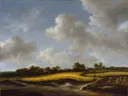 Landschap met een korenveld van Jacob van Ruisdael: landschap met korenveld, zandweg, wolken en zomer, in geel met blauwgrijs