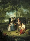 Landschap met figuren, bedoeld als een uitbeelding van de Liefdadigheid van Nicolaes Muys: landschap