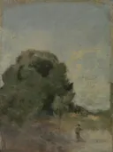 Landschap met hengelaar van Jean-Baptiste-Camille Corot: landschap met hengelaar, boom, water en mist, in gedempt grijsgroen