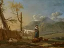 Landschap met herderin van Karel Dujardin: landschap met herderin, koe, schapen en wolken, in warm bruin met blauw