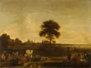 Landschap met herders en vee van Cornelis Saftleven: landschap met koeien, herders, bomen en weide, in warm geelbruin