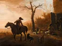 Landschap met jagers van Pieter van Laer: landschap met jagers, paard, honden en boom, in warm oranjebruin