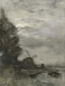 Landschap met molen bij maanlicht van Jacob Maris: landschap met molen, maanlicht, nacht en wolken, in donker grijsblauw