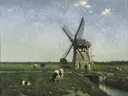 Landschap met molen bij Schiedam van Jan Hendrik Weissenbruch: landschap met molen, koeien, weiland en wolken, in gedempt groen en grijsblauw