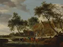 Landschapsschilderij 'Landschap met Reizigers bij een Herberg Nabij een Pleisterplaats' naar Salomon van Ruysdael