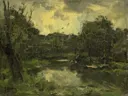 Landschap met schuit van Jacob Maris: landschap met bomen, water, schuit en riet, in donkergroen