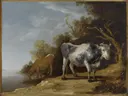 Landschap met twee koeien van Paulus Potter: dieren met koeien, beek, bomen en weide, in warm bruin met blauwe lucht