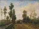 Landschap met zandweg van Simon van den Berg: landschap met zandweg, bomen, koeien en wolken, in gedempt groen met oker