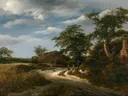Landschap van Jacob van Ruisdael: landschap met zandweg, bomen, korenveld en wandelaars, in warm oker en blauw