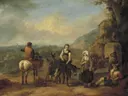 Landvolk bij een bron van Johannes Lingelbach: figuren met boeren, ezels, paard en bron, in warm bruin en blauw