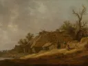 Landvolk bij een vervallen boerderij van Jan van Goyen: landschap met boerderij, boeren, bomen en zandweg, in warm okerbruin