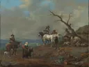 Landweg met jager en landlieden van Johannes Lingelbach: landschap met landweg, ruiters, paarden en honden, in gedempt bruin met blauw